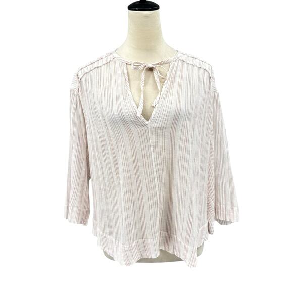 Vince Variegated Stripe Crinkle Breathable Cotton Tassel V-neck Wide Sleeve Top - Picture 2 of 13